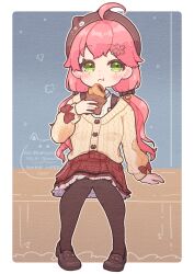 1girl :t ahoge amari_(ama_shiiiiiiba) animal_hat arm_support beret black_hat black_pantyhose black_shoes blush cable_knit cardigan cat_hair_ornament cat_hat chewing collared_shirt commentary_request deformed double-parted_bangs eating flower_hairclip food full_body green_eyes hair_ornament hairclip hat highres holding holding_food hololive loafers long_hair long_sleeves looking_to_the_side low_twintails miniskirt official_alternate_costume official_alternate_hairstyle open_mouth pantyhose pink_hair plaid_clothes plaid_skirt pleated_skirt red_skirt sakura_miko sakura_miko_(casual) shirt shoes sitting skirt solo taiyaki twintails virtual_youtuber wagashi white_shirt yellow_cardigan