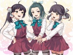 3girls ahoge aqua_bow aqua_bowtie black_hair blue_bow blue_bowtie bow bowtie breasts cowboy_shot dress forehead fujinami_(kancolle) gradient_background gradient_hair green_hair grey_hair grey_pantyhose grey_thighhighs hair_over_eyes hair_ribbon hayanami_(kancolle) highres kanmiya_shinobu kantai_collection long_hair long_sleeves medium_hair multicolored_hair multiple_girls open_mouth pantyhose pleated_dress purple_dress purple_hair ribbon school_uniform seamed_legwear shirt short_hair side-seamed_legwear side_ponytail sleeveless sleeveless_dress smile suzunami_(kancolle) thighhighs white_ribbon white_shirt yellow_eyes