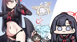 &gt;_&lt; 1boy 4girls ahoge doodle_sensei_(blue_archive) black_gloves black_hair black_horns black_panties black_sailor_collar black_serafuku black_wings blonde_hair blue_archive breasts brown_hair crying demon_horns feathered_wings gloves grey_eyes grey_hair grey_halo groin hair_intakes hair_ornament hairclip halo horns ichika_(blue_archive) iori_(blue_archive) jazz_jack kasumi_(blue_archive) long_hair long_sleeves low_wings medium_breasts multiple_girls multiple_views navel neckerchief panties red_halo red_neckerchief sailor_collar school_uniform seia_(blue_archive) sensei_(blue_archive) serafuku underwear water wings x_x