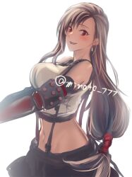Rule 34 | 1girl, bare shoulders, black gloves, black hair, black skirt, black sports bra, blush, breasts, commentary request, crop top, earrings, elbow gloves, final fantasy, final fantasy vii, final fantasy vii rebirth, final fantasy vii remake, gloves, jewelry, large breasts, long hair, looking at viewer, low-tied long hair, midriff, minato (ct 777), navel, open mouth, red eyes, single arm guard, single earring, skirt, smile, solo, sports bra, suspender skirt, suspenders, tank top, tifa lockhart, twitter username, upper body, white background, white tank top