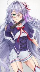 Rule 34 | 1girl, azur lane, bow, bowtie, capelet, choker, collarbone, commentary request, commission, cowboy shot, cross, cross choker, dress, ex saki, flat chest, frilled gloves, frills, garter straps, gloves, green eyes, hair intakes, hair ribbon, highres, holding, holding wand, l&#039;opiniatre (azur lane), light smile, long hair, looking at viewer, one eye closed, pixiv commission, purple capelet, purple gloves, purple hair, red-framed eyewear, red bow, red bowtie, red ribbon, ribbon, semi-rimless eyewear, simple background, solo, thighhighs, very long hair, wand, white background, white dress, white garter straps, white thighhighs