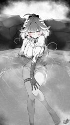 1girl absurdres ahoge armlet bare_legs barefoot blush bow braid breasts changli_(wuthering_waves) closed_mouth collarbone commentary_request dated dress feet greyscale hair_bow hair_extensions hand_on_own_knee head_wreath highres jewelry large_breasts legs looking_at_viewer mole mole_on_breast monochrome official_alternate_costume onsen orange_eyes partially_submerged ring_hair_extensions signature smile solo spot_color starblame thighlet toes wuthering_waves