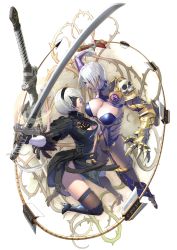 2b_(nier:automata) 2girls absurdres asymmetrical_clothes black_dress black_legwear blindfold boots breasts cleavage cleavage_cutout clothing_cutout crossover curvy dress eye_contact face-to-face feather-trimmed_sleeves fighting gauntlets gloves bad_tag bad_tag hair_over_one_eye hairband highres holding holding_sword holding_weapon huge_weapon isabella_valentine kawano_takuji lace_trim large_breasts lipstick looking_at_another makeup medium_breasts multiple_girls nier:automata nier_(series) official_art open_mouth puffy_sleeves purple_lips revealing_clothes shiny_skin short_hair silver_hair simple_background single_gauntlet skindentation soul_calibur soulcalibur soulcalibur_vi sword thigh_boots thighhighs thong thorns weapon whip_sword white_gloves wide_hips