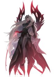 1girl black_claws black_dress black_shoes black_skin blonde_hair claws closed_mouth colored_skin dress eni_(enidaisy69) eye_symbol floating genshin_impact glowing glowing_eyes gradient_skin gradient_wings hair_between_eyes hair_flowing_over hair_intakes hair_ornament hashtag-only_commentary head_tilt high_heels highres long_hair looking_at_viewer looking_down multicolored_skin multicolored_wings pink_lips powering_up red_claws red_wings ronova_(genshin_impact) see-through_clothes see-through_veil shade shaded_face shiny_clothes shoes simple_background skin_tight solo symbol-shaped_pupils thick_lips two-tone_skin veil wavy_hair white_background white_veil wings yellow_eyes
