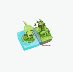 Rule 34 | anger vein, artist name, black eyes, cabbage, cabbage-pult (plants vs zombies), closed eyes, colored sclera, commentary, film grain, from above, grey background, halftone, highres, hightguy, leaf, lily pad, lily pad (plants vs zombies), no humans, no mouth, on grass, peashooter (plants vs zombies), plant, plant focus, plants vs. zombies, simple background, solid oval eyes, symbol-only commentary, u u, water, yellow sclera, zzz