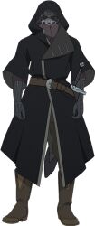 Rule 34 | 1boy, anime coloring, belt, black coat, black gloves, boots, brown boots, brown pants, coat, full body, gloves, holding, holding sword, holding weapon, hood, hood up, hooded coat, looking at viewer, male focus, mask, no eyes, nozomanu fushi no boukensha, official art, pants, rentt faina, sano takao, scabbard, sheath, sheathed, simple background, solo, standing, sword, transparent background, undead, weapon