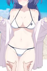 1boy 1girl 3: alternate_costume bikini blue_archive blue_sky blurry blush breasts cleavage cloud cloudy_sky collarbone depth_of_field embarrassed gluteal_fold groin halo hands_on_another&#039;s_thighs head_out_of_frame highres large_breasts long_hair long_sleeves looking_at_viewer low_twintails meme navel open_clothes open_shirt outdoors pov pov_cheek_grabbing_(meme) pov_hands purple_hair reia_76 sensei_(blue_archive) shirt sidelocks sky spaghetti_strap stomach swimsuit thick_thighs thigh_grab thighs twintails white_bikini white_shirt yuuka_(blue_archive)