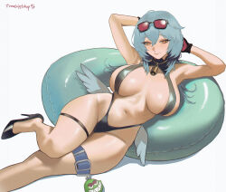 1girl arms_behind_head bikini black_bikini black_shoes blue_hair breasts commission curvy eyewear_on_head gloves high_heels highres large_breasts long_hair looking_at_viewer mole mole_on_breast navel orange_eyes original pixiv_commission shoes simple_background smile solo sunglasses swimsuit thigh_strap thighs tomatoketchup96 white_background