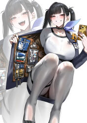 Rule 34 | 1girl, black hair, blush, breasts, cellphone, choker, cliov, goddess of victory: nikke, grin, highres, jacket, large breasts, long hair, long sleeves, looking at viewer, open mouth, pantyhose, pencil skirt, phone, red eyes, shirt, skirt, smile, sora (nikke), squatting, twintails, white pantyhose, white shirt, zoom layer