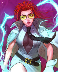 1girl belt black_necktie breasts crimson_viper electricity fishnets gloves hair_slicked_back highres jacket jacket_on_shoulders large_breasts looking_to_the_side necktie parted_lips quasimodox red_hair skirt solo street_fighter street_fighter_6 sunglasses tinted_eyewear white_gloves white_jacket yellow-tinted_eyewear