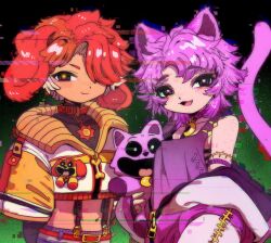 2boys animal_collar animal_ears black_eyes bright_pupils cat_boy cat_ears cat_tail catnap_(poppy_playtime) collar commentary cropped_jacket dog_boy dog_day_(poppy_playtime) dog_ears english_commentary fang film_grain glitch gradient_background hair_over_one_eye highres jacket jacket_partially_removed looking_at_viewer medium_hair midriff multiple_boys open_mouth orange_jacket personification poppy_playtime purple_hair purple_jacket purple_tank_top red_hair shima_(wansyon144) short-sleeved_jacket short_hair short_sleeves suspenders tail tank_top trap