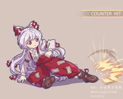 1girl boots bow brown_boots chinese_commentary commentary_request dated ducking english_text fujiwara_no_mokou gameplay_mechanics hair_bow ken_masters kicking long_hair multiple_hair_bows nero_augustus pants red_eyes red_pants signature solo squatting street_fighter street_fighter_6 suspender_pants touhou twitter_username white_hair