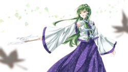 12ko 1girl bare_shoulders blue_skirt breasts chest_sarashi collared_shirt detached_sleeves dot_nose frog_hair_ornament gohei green_eyes green_hair hair_ornament hair_tubes highres holding holding_gohei kochiya_sanae leaf long_hair long_skirt long_sleeves looking_to_the_side medium_breasts open_mouth patterned_clothing print_skirt sarashi shirt simple_background single_hair_tube single_sidelock skirt skirt_set sleeveless sleeveless_shirt sleeves_past_wrists snake_hair_ornament solo touhou white_background wide_sleeves wing_collar