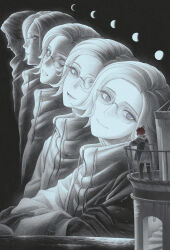 7nite absurdres aotsuki_eito bird black_streaks clenched_teeth crescent_moon crossed_arms drawstring full_moon gibbous_moon glasses gloves greyscale highres hood jacket lighthouse looking_at_another male_focus monochrome moon moon_phases multicolored_hair multiple_boys multiple_views new_moon ocean pants red_hair seagull short_hair size_difference smile spot_color streaked_hair sumino_takumi teeth the_hundred_line_-last_defense_academy- zipper