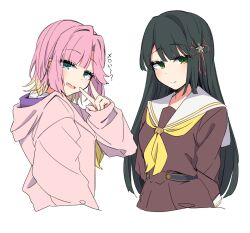 2girls :d alternate_hair_length alternate_hairstyle amano_mitara anyoji_hime arms_behind_back black_hair blonde_hair blue_eyes breasts dress flower flower_knot gradient_hair green_eyes hair_flower hair_length_switch hair_ornament hasu_no_sora_school_uniform highres hood hood_down hooded_jacket jacket link!_like!_love_live! long_hair long_sleeves looking_at_viewer love_live! medium_breasts momose_ginko multicolored_hair multiple_girls neckerchief open_clothes open_jacket open_mouth pink_hair pink_jacket sailor_collar sailor_dress school_uniform sidelocks simple_background sleeves_past_wrists smile very_long_hair virtual_youtuber w white_background white_flower white_sailor_collar winter_uniform yellow_neckerchief