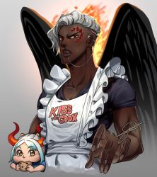 1boy 1girl :&gt; apron artist_request babysitter braid carrying child cooking dark_skin eating english_text expressionless fire highres horns king_(one_piece) long_hair looking_at_viewer medium_hair one_piece open_clothes pectorals piercing red_eyes serious simple_background single_braid size_difference white_hair wings yamato_(one_piece) yellow_eyes aged_down