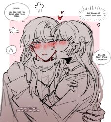 2girls :t absurdres arm_around_back blue_eyes blush hair_ornament hairclip hand_on_another&#039;s_shoulder heart highres iris_wen long_hair love_curse:_find_your_soulmate momochii_art multiple_girls one_eye_closed parted_lips puff_of_air selene_yan yuri