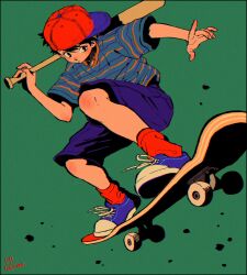 Rule 34 | 1boy, baseball bat, baseball cap, black eyes, black hair, blue shirt, blue shoes, commentary, green background, hat, highres, holding, holding baseball bat, kwsby 124, male focus, mother (series), mother 1, ninten, nintendo, parted lips, purple shorts, red socks, shirt, shoes, short sleeves, shorts, sideways hat, signature, simple background, skateboard, skateboarding, sneakers, socks, solo, striped clothes, striped shirt, symbol-only commentary