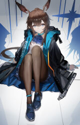 1girl absurdres amiya_(arknights) animal_ears arknights ascot black_jacket black_pantyhose black_shoes blue_ascot blue_eyes brown_hair frilled_ascot frills highres hood hooded_jacket jacket jewelry ligod long_hair looking_at_viewer multiple_rings pantyhose rabbit_ears rabbit_girl ring shoes sitting solo