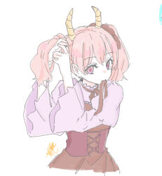 1girl brown_dress brown_hair brown_ribbon demon_horns dress hair_ribbon hands_up horns juliet_sleeves linie_(sousou_no_frieren) long_sleeves mouth_hold puffy_sleeves purple_eyes purple_shirt ribbon ribbon_in_mouth seila_rei shirt signature simple_background solo sousou_no_frieren twintails tying_hair white_background wide_sleeves