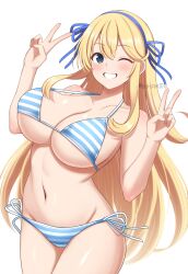 1girl artist_name bikini blue_bikini blue_ribbon blush breasts collarbone commentary_request double_v grin hair_ribbon hands_up highres katsuragi_(senran_kagura) large_breasts long_hair looking_at_viewer multicolored_bikini navel one_eye_closed ribbon senran_kagura side-tie_bikini_bottom simple_background smile solo strap_gap striped_bikini striped_clothes surippa1010 swimsuit thighs twitter_username two-tone_bikini underboob v very_long_hair white_background white_bikini
