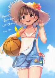 Rule 34 | 1girl, armband, artist name, ball, basketball (object), bikini, blush, boku no kokoro no yabai yatsu, bracelet, brown eyes, brown hair, collarbone, cowboy shot, dated, day, denim overalls, flat chest, halterneck, hand up, happy birthday, hat, highres, holding, holding ball, jewelry, kobayashi chihiro (bokuyaba), looking at viewer, micro bikini, multicolored bikini, navel, nearly naked overalls, open mouth, red bikini, short hair, side-tie bikini bottom, sky, solo, strap slip, straw hat, string bikini, swimsuit, tan, tanline, teeth, toisy 2160, two-tone bikini, undressing, upper teeth only, white bikini