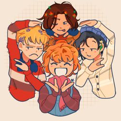 Rule 34 | 2boys, 2girls, ;p, baxter ward, beanie, black hair, blonde hair, blue overalls, brown hair, closed eyes, earmuffs, earmuffs around neck, flower, fringe trim, frown, grid background, grin, hair flower, hair ornament, hands on own chin, hat, heart, heart arms quartet, highres, multiple boys, multiple girls, nobi33ka, one eye closed, orange hair, orange sweater, our life, our life: now and forever, overalls, qiu lin (our life), red scarf, red sweater, scarf, shirt, smile, sweater, tamarack baumann, tongue, tongue out, white shirt
