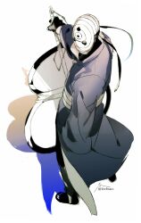 Rule 34 | 1boy, black coat, black gloves, coat, full body, gloves, gunbai, highres, holding, long sleeves, looking at viewer, male focus, mask, naruto (series), naruto shippuuden, ninja, rinnegan, shadow, simple background, solo, standing, uchiha obito, war fan, white background, zifletts