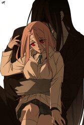 Rule 34 | 1boy, 1girl, absurdres, bbabbamis2, black hair, black kimono, blood, blood on face, commentary request, hand on another&#039;s shoulder, heroine (homicipher), hetero, highres, homicipher, hug, hug from behind, japanese clothes, kimono, korean commentary, long hair, mr. crawling, pink hair, raincoat, red eyes, school uniform, simple background, sitting, sitting on lap, sitting on person, skirt, very long hair, white background
