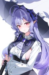 1girl absurdres ascot black_skirt blush bow bowtie breasts center_frills closed_mouth drill_hair drill_sidelocks frills gem highres hini_ni holding holding_umbrella long_hair looking_at_viewer medium_breasts mole mole_under_eye multicolored_hair parasol pointy_ears purple_ascot purple_bow purple_bowtie purple_gemstone purple_hair purple_nails red_eyes shrug_(clothing) sidelocks simple_background skirt solo streaked_hair umbrella upper_body vivian_(zenless_zone_zero) white_background white_shrug zenless_zone_zero