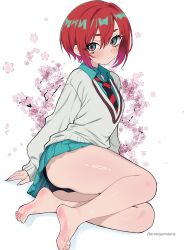 1girl absurdres amate_yuzuriha artist_name ass bare_legs barefoot black_necktie black_panties blue_eyes blue_shirt blue_skirt commentary feet gundam gundam_gquuuuuux harutoyumaarts highres legs necktie panties red_hair red_necktie shirt short_hair skirt soles solo striped_necktie sweater toes two-tone_necktie underwear white_sweater