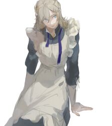 1boy aji_11300913 albedo_(genshin_impact) alternate_costume apron black_dress blonde_hair blue_eyes blue_ribbon closed_mouth commentary_request crossdressing dress genshin_impact hair_between_eyes highres invisible_chair long_hair looking_to_the_side maid maid_apron male_focus male_maid ribbon simple_background sitting solo white_background