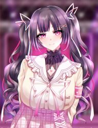 1girl armband black_hair blurry blurry_background buttons cardigan closed_mouth corrupted_twitter_file hair_ornament hair_ribbon heart heart-shaped_birthmark highres himemiya_rie himemiya_rie_(1st_costume) long_hair mole mole_under_eye muhammaddeny multicolored_hair phase_connect pink_armband pink_eyes pink_hair pink_skirt plaid_clothes plaid_skirt ribbon sailor_collar second-party_source shirt skirt smile solo streaked_hair twintails virtual_youtuber white_ribbon white_sailor_collar white_shirt yellow_cardigan