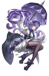 1girl absurdres ahoge ankle_bow ankle_ribbon black_nails black_pantyhose blue_bow blue_bowtie bow bowtie breasts commentary_request fingernails full_body high_heels highres long_hair mole mole_under_eye pantyhose parted_lips platform_heels pointy_ears purple_bow purple_bowtie purple_hair purple_umbrella qinyi_chinyi red_eyes ribbon sharp_fingernails sideboob signature simple_background solo striped_bow striped_bowtie striped_clothes umbrella very_long_hair vivian_banshee white_background zenless_zone_zero