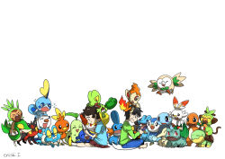 &gt;_&lt; 1boy 1girl :d ^_^ bad_id bad_pixiv_id barefoot bird bulbasaur charmander chespin chikorita child chimchar closed_eyes commentary_request creature cyndaquil facing_viewer fennekin fire flying froakie gen_1_pokemon gen_2_pokemon gen_3_pokemon gen_4_pokemon gen_5_pokemon gen_6_pokemon gen_7_pokemon gen_8_pokemon gotcha! gotcha!_boy_(pokemon) gotcha!_girl_(pokemon) grookey handheld_game_console happy hat highres holding holding_handheld_game_console litten looking_at_viewer miniskirt mudkip nintendo on_head open_mouth pants piplup playing_games pokemon pokemon_(creature) pokemon_on_head popplio rowlet scorbunny shoes signature simple_background sitting skirt smile snivy sobble squirtle starter_pokemon_trio tepig torchic totodile treecko turtwig white_background yukari_(yukari21653710)