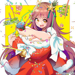 1girl :d bell blush border bow breasts brown_hair capelet chest_bow christmas_ornaments christmas_tree cleavage confetti dress fur-trimmed_capelet fur-trimmed_dress fur_trim hair_between_eyes highres huge_breasts long_hair looking_at_viewer open_mouth original party_popper pixiv_id pixiv_username red_bow red_capelet red_dress santa_costume santa_dress signature sleigh smile solo streamers teeth tongue twitter_username two-tone_background umigarasu_(kitsune1963) very_long_hair white_border white_bow yellow_background yellow_eyes