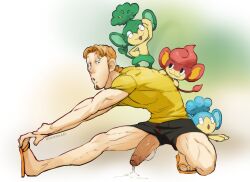 1boy bara commentary english_commentary facial_hair flip-flops foreskin gen_5_pokemon goatee highres idoraad large_penis male_focus nintendo orange_hair panpour pansage pansear penis penis_out pokemon pokemon_(creature) pokemon_concierge pokemon_on_back sandals shirt short_shorts shorts stretching toned toned_male twitter_username tyler_(pokemon) yellow_shirt