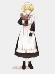1boy absurdres alternate_costume apple apron bag baguette black_dress black_shoes blonde_hair bread collared_dress crossdressing dress enmaided food fruit full_body gloves grey_background highres holding holding_bag limbus_company long_sleeves looking_at_viewer maid maid_apron male_focus male_maid pantyhose paper_bag project_moon shoes short_hair simple_background sinclair_(project_moon) solo standing white_apron white_gloves white_pantyhose widosya yellow_eyes