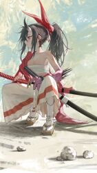 1girl absurdres arm_out_of_sleeve bead_bracelet beads black_hair bracelet breasts chest_sarashi claws cleavage closed_mouth collarbone full_body geta hadanugi_dousa hakama hakama_skirt highres horns isekai_samurai japanese_clothes jewelry katana kimono medium_breasts monsterification open_clothes open_kimono ponytail red_eyes rock sandals sarashi scar scar_on_face scar_on_nose scar_on_shoulder sheath sidelocks single_horn skin-covered_horns skirt socks solo soondi squatting sword tabi tsukitsuba_ginko unsheathing veins veiny_arms weapon white_socks