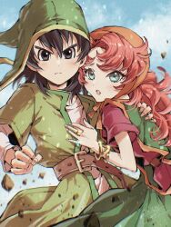 1boy 1girl :o arm_around_shoulder belt black_eyes bracelet closed_mouth commentary_request dragon_quest dragon_quest_vii frown green_hat hat hero_(dq7) highres jewelry lapi267sc long_hair maribel_(dq7) motion_blur red_hair ring rock v-shaped_eyebrows