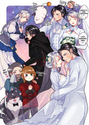 babigonice black_hair blonde_hair blue_eyes blush bow bowtie braid clive_rosfield couple dog dress final_fantasy final_fantasy_xvi highres jill_warrick joshua_rosfield long_hair moogle pet scar torgal_(ff16) wedding wedding_dress white_hair