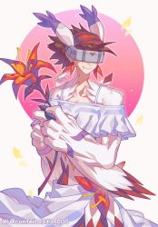 Rule 34 | 1other, body fur, brown hair, confeito000 333, digimon, digimon (creature), fangs, head-mounted display, highres, holding, silphymon, simple background, skirt, white fur, white skirt