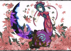 1girl bad_id bad_pixiv_id female_focus frills front_ponytail green_hair kagiyama_hina leaf maple_leaf red_eyes ribbon solo takiteru touhou