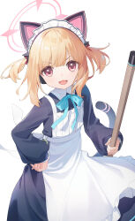 1girl :d absurdres animal_ear_headphones animal_ears apron aqua_ribbon back_bow black_dress black_tail blonde_hair blue_archive bow cat_ear_headphones cat_ears cat_tail collared_dress commentary contrast_collar dress eyes_visible_through_hair fake_animal_ears fake_tail floating_hair frilled_apron frills hair_ribbon halo hand_on_own_hip headphones highres holding ling_yin long_sleeves looking_at_viewer maid maid_apron maid_headdress medium_hair momoi_(blue_archive) momoi_(maid)_(blue_archive) neck_ribbon official_alternate_costume official_alternate_hairstyle open_mouth pink_eyes pink_halo puffy_long_sleeves puffy_sleeves red_ribbon ribbon short_twintails sidelocks simple_background smile solo tail tail_raised twintails v-shaped_eyebrows virtual_pet_(toy) white_apron white_background white_bow white_headdress