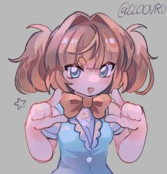 1girl :d artist_name blue_eyes blue_vest blunt_bangs blush bow bowtie center_frills cloovrd eyes_visible_through_hair frilled_vest frills grey_background hair_intakes hands_up highres looking_at_viewer open_mouth orange_bow orange_bowtie orange_hair pointing pointing_at_self regretevator roblox shirt short_sleeves simple_background smile solo star_(symbol) stat_(regretevator) thick_eyebrows traditional_bowtie tsurime twintails twitter_username upper_body vest w_arms white_shirt