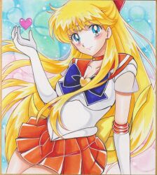1girl aino_minako bishoujo_senshi_sailor_moon blonde_hair blue_eyes blush chikoto earrings gloves heart highres jewelry long_hair miniskirt sailor_venus skirt super_sailor_venus very_long_hair