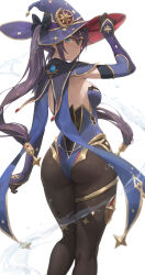 Rule 34 | 1girl, absurdres, aqua eyes, ass, back, bare shoulders, black gloves, black hair, black pantyhose, blue hat, blue leotard, blush, bodystocking, breasts, cape, commentary, detached sleeves, earrings, elbow gloves, english commentary, free style (yohan1754), genshin impact, gloves, gold trim, hat, hat ornament, highleg, highleg leotard, highres, jewelry, leotard, long hair, looking at viewer, looking back, medium breasts, mona (genshin impact), pantyhose, pendant, solo, star (symbol), star earrings, thighlet, thighs, twintails, vision (genshin impact), water, witch hat