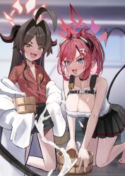2girls :3 :d absurdres ahoge bare_shoulders black_choker black_hair black_horns black_shorts black_skirt black_tail blue_archive blue_eyes blurry blurry_background blush breasts brown_hair bucket choker cleavage collarbone collared_shirt commentary_request completely_nude cum demon_girl demon_horns demon_tail ejaculation fang groin hair_between_eyes hair_intakes hair_ornament hairclip halo hands_on_own_hips highres horns huge_ahoge indoors kasumi_(blue_archive) kneeling large_breasts long_hair looking_at_viewer megu_(blue_archive) miniskirt multiple_girls navel nipples nude onafuku open_mouth paid_reward_available pleated_skirt pointy_ears ponytail pov red_hair red_halo red_horns red_shirt shirt shorts sidelocks skin_fang skirt small_breasts smile suggestive_fluid tail tail_raised thick_eyebrows tile_floor tiles v-shaped_eyebrows yellow_eyes