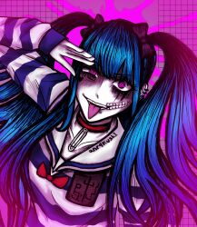 1girl amemiya_darumi back_bow black_hair blue_hair bow collar collarbone ear_piercing earrings hand_up heart highres jewelry long_hair looking_at_viewer makeup open_mouth piercing pink_background pink_eyes red_bow runny_makeup safety_pin shirt striped_clothes striped_shirt teeth the_hundred_line_-last_defense_academy- tongue tongue_out twintails upper_body