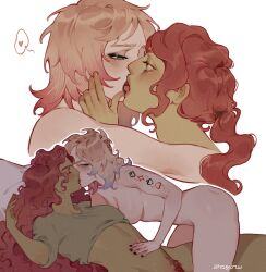 2girls ahageao49 arm_tattoo batman_(series) black_lips black_nails blonde_hair blue_eyes blue_hair breasts closed_eyes clothes_lift colored_skin commentary completely_nude dc_comics english_commentary female_pubic_hair french_kiss gradient_hair green_shirt green_skin hand_on_another&#039;s_face hand_on_another&#039;s_stomach harley_quinn harley_quinn_(cartoon) heart highres kiss large_breasts long_hair medium_hair multicolored_hair multiple_girls nude poison_ivy pubic_hair red_hair shirt shirt_lift simple_background spoken_heart tattoo tongue tongue_out white_background yuri